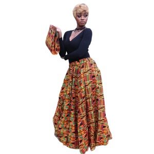 African Maxi Skirt With Bag Set African Kente Print One Size Cotton Long Skirts